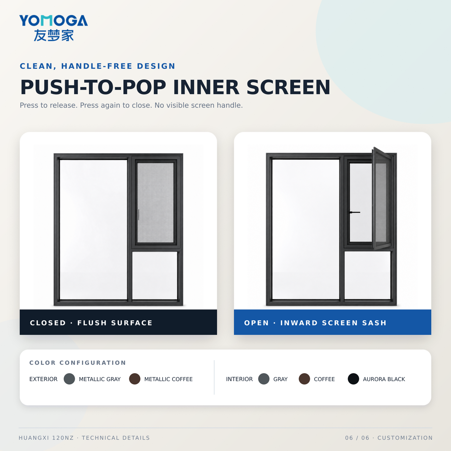 Huangxi 120NZ casement window screen and finishes