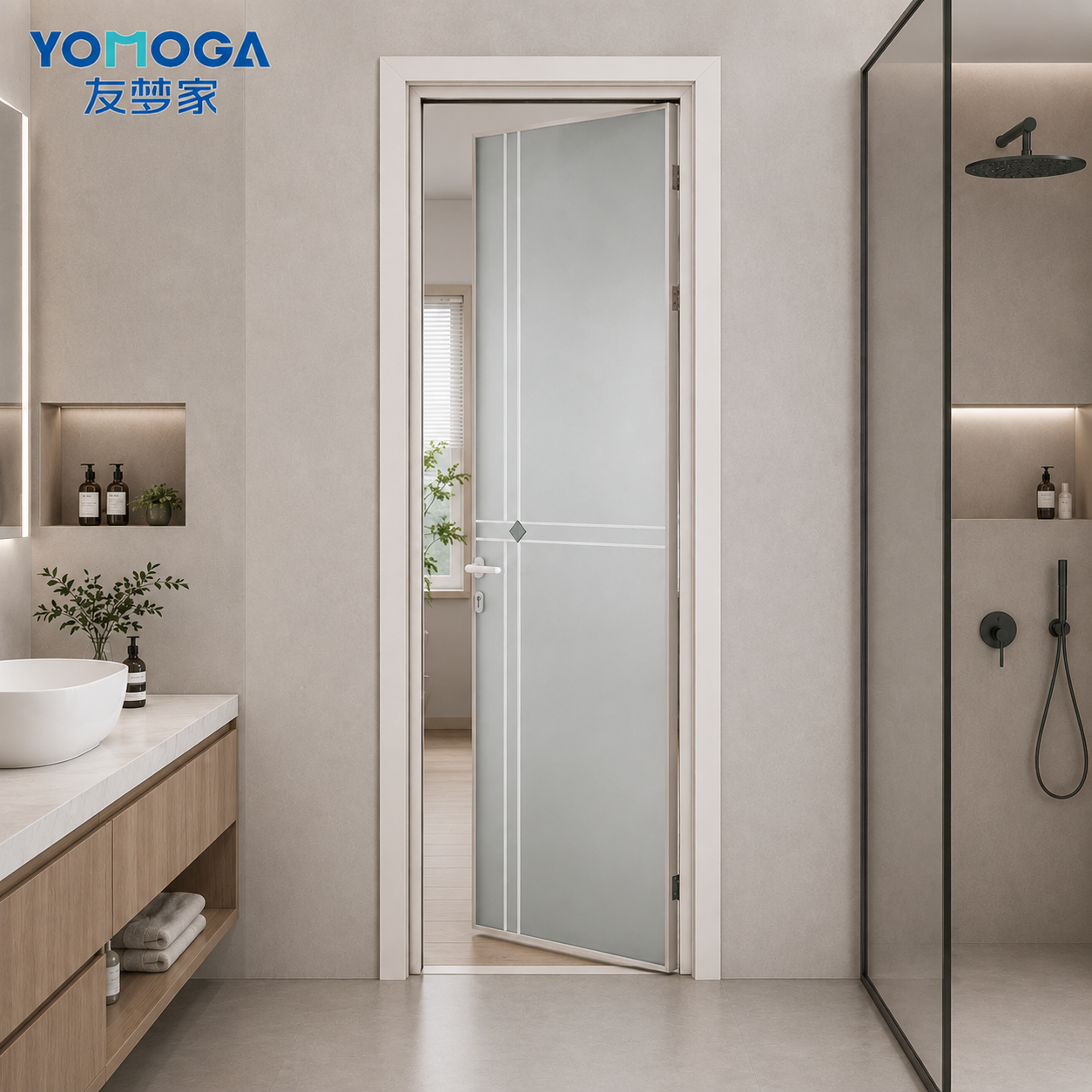 Mid-Slim Aluminum Glass Bathroom Door