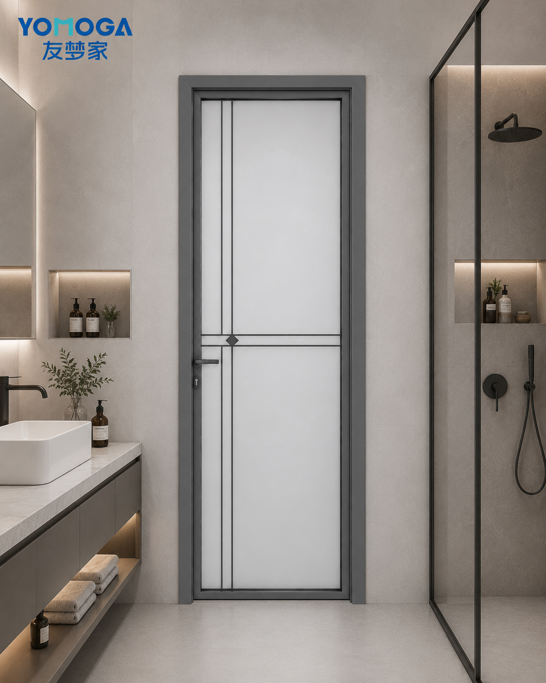 Mid-Slim Aluminum Glass Bathroom Door