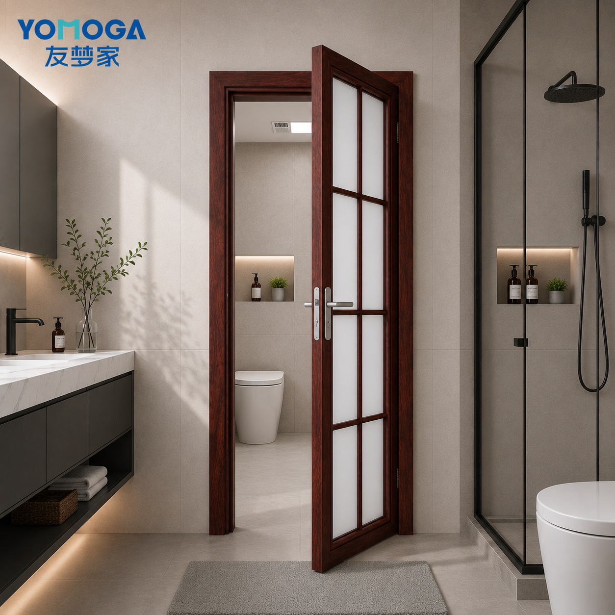 Wide-Frame Aluminum Glass Bathroom Door