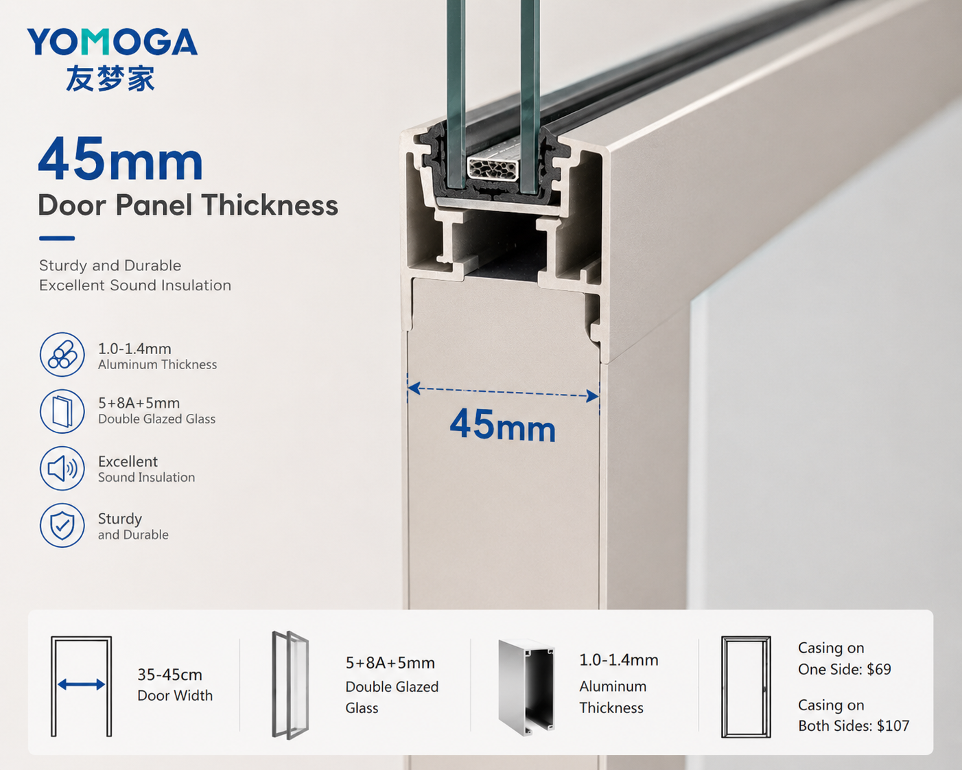 Mid-Slim Aluminum Glass Bathroom Door