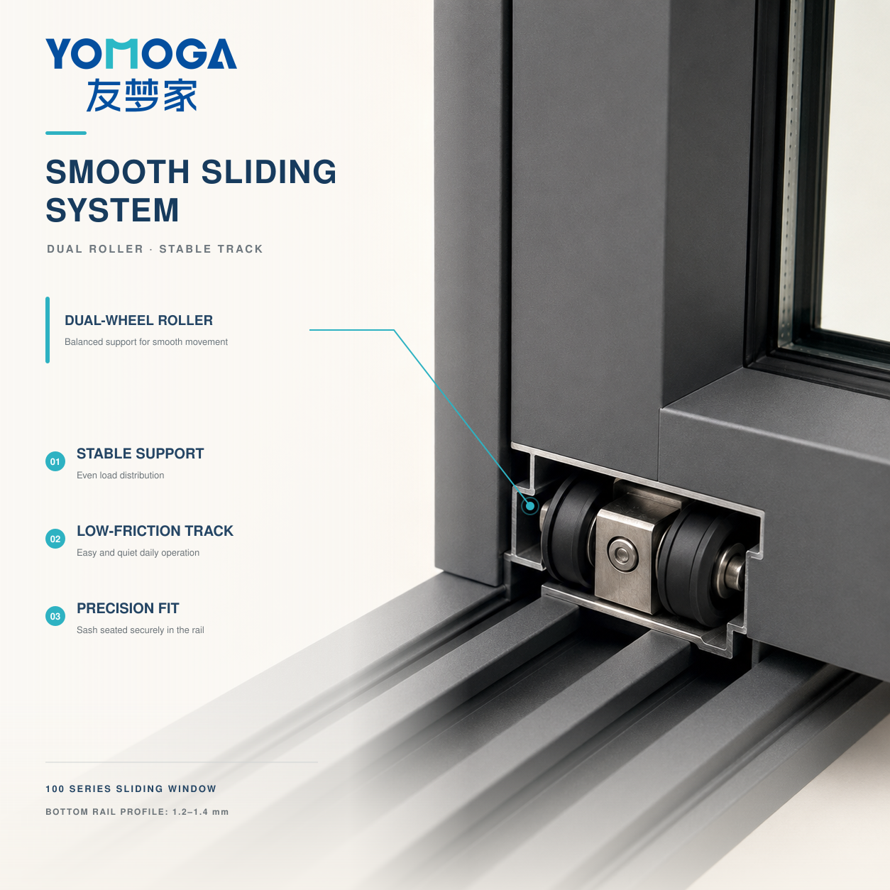 100 series sliding window track and roller hardware