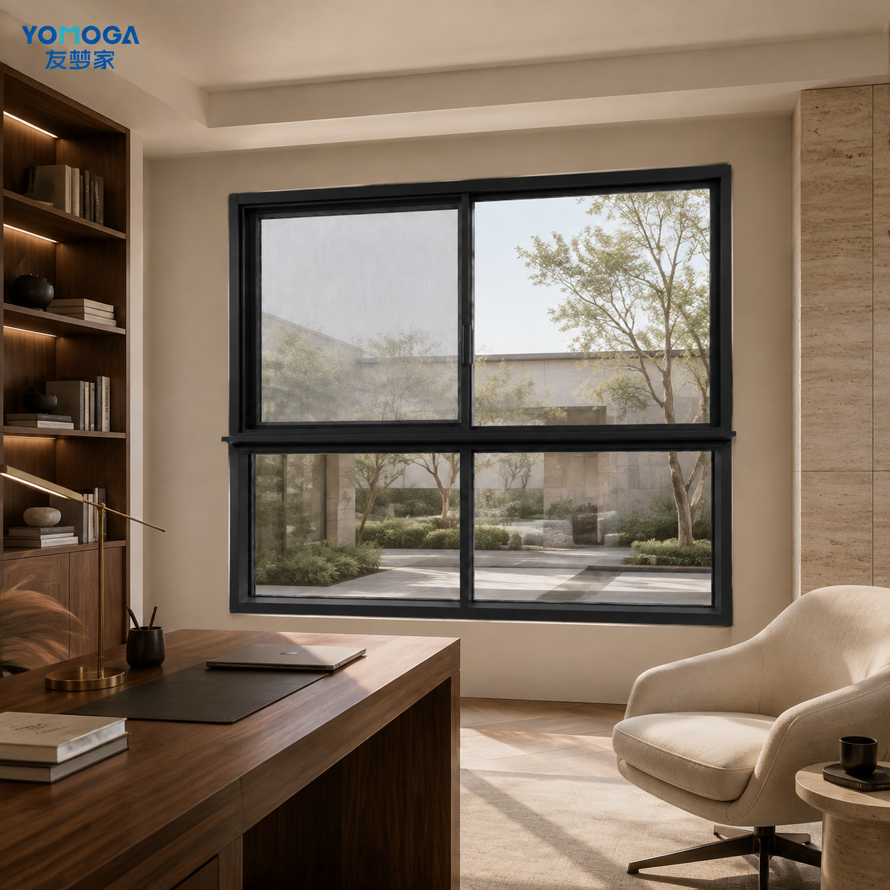 160 six-track panoramic sliding window, closed in a home office