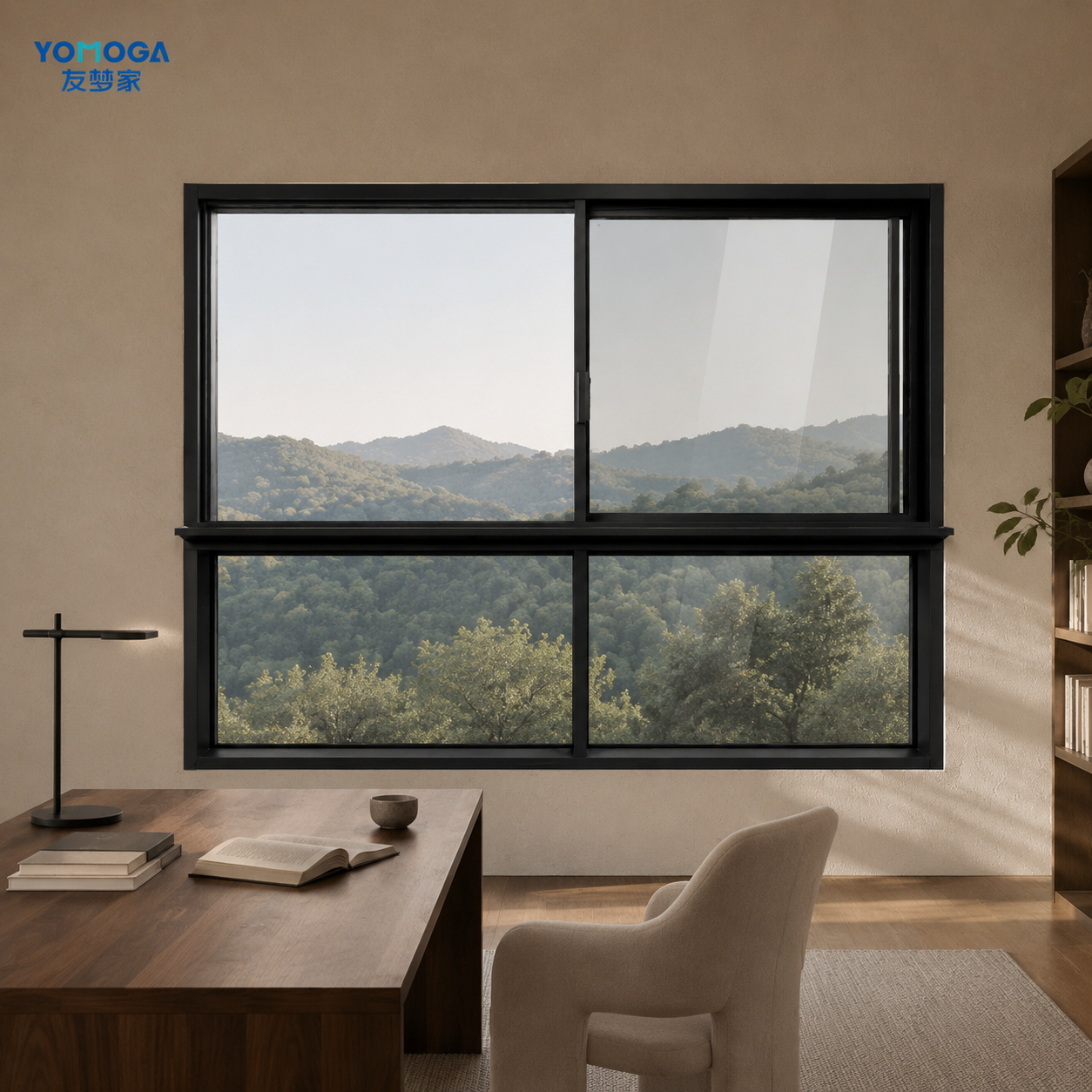 160 six-track panoramic sliding window, open in a minimalist study