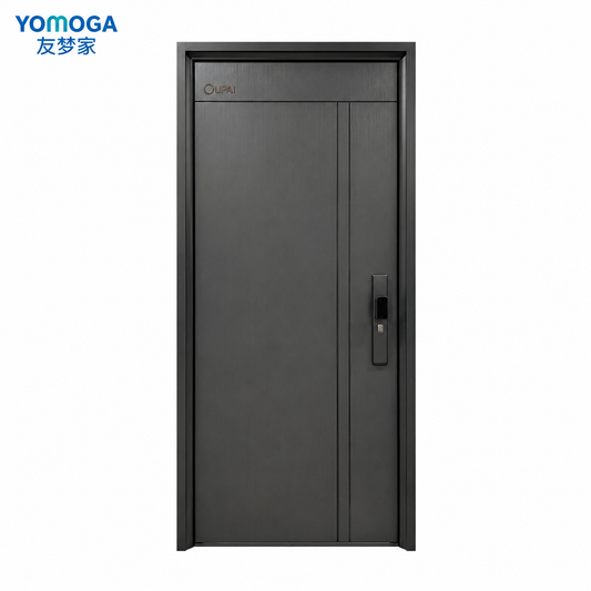 OP-001 elm wood-grain security entrance door, 1970 x 860/960 mm reference size