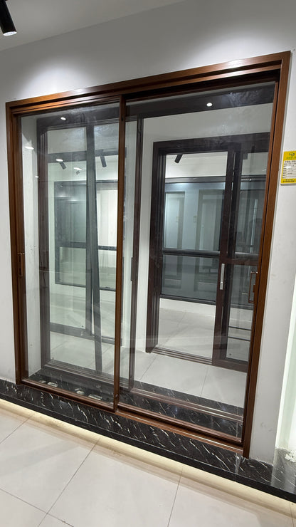 Installed woodgrain two-panel sliding door