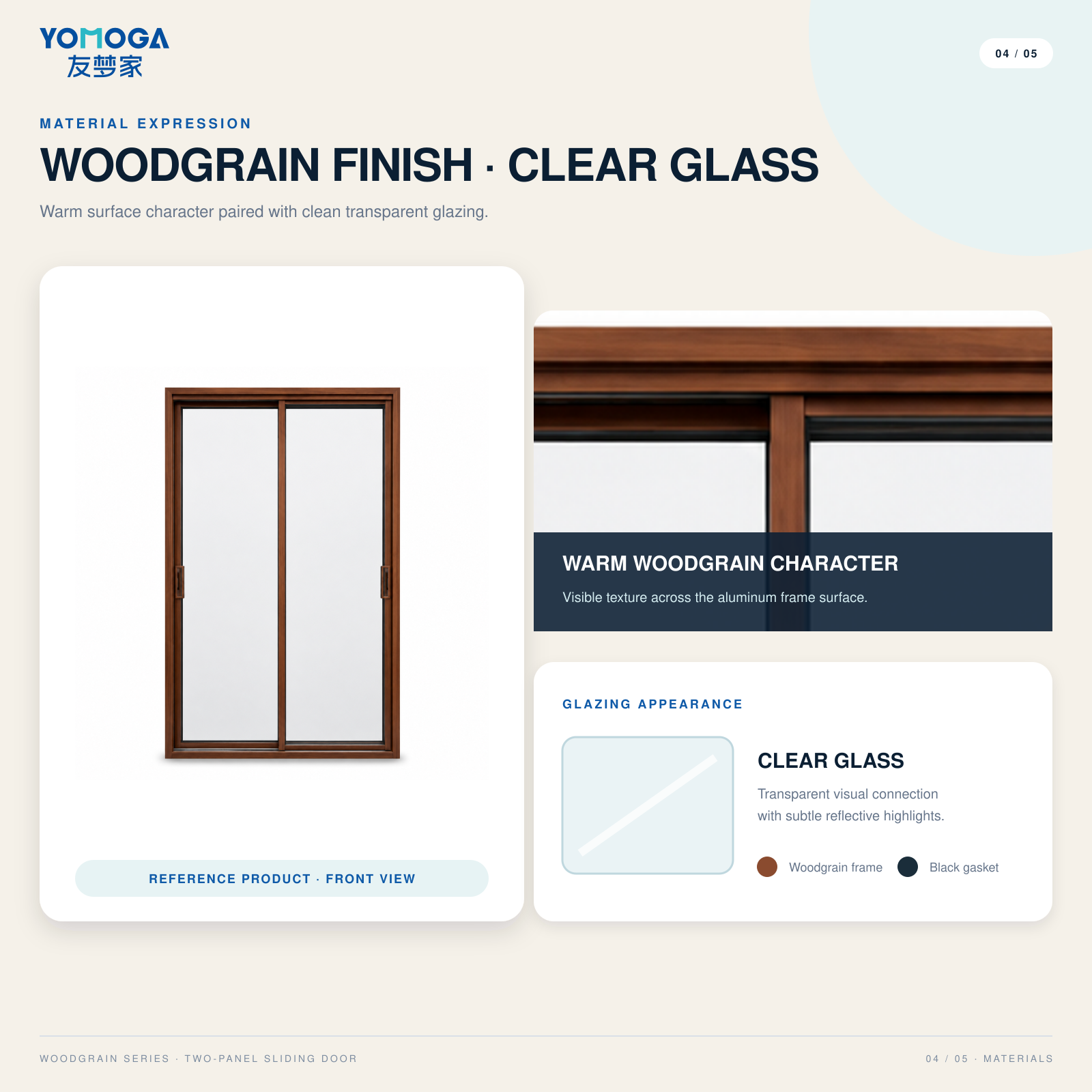 Woodgrain aluminum finish with clear glass