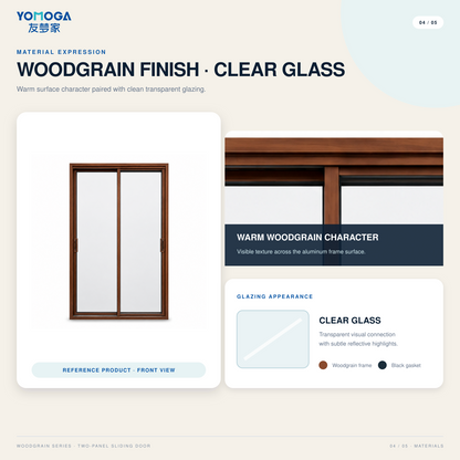 Woodgrain aluminum finish with clear glass