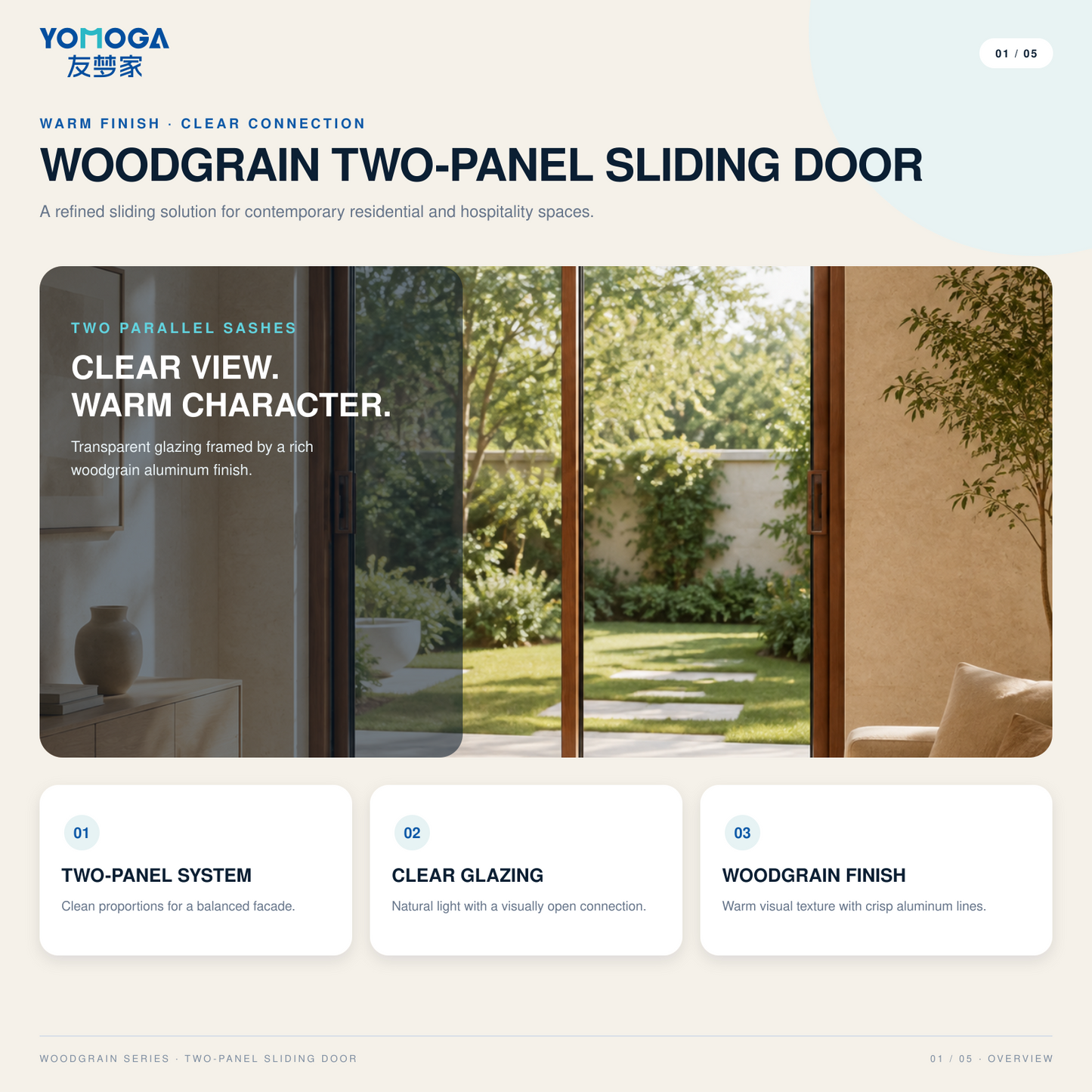 Woodgrain two-panel sliding door overview