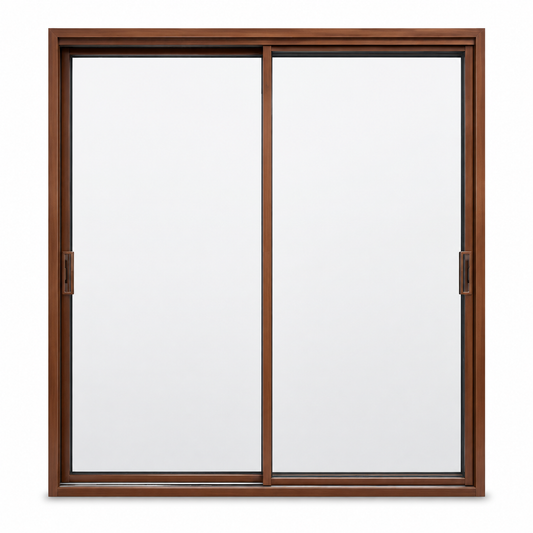 Woodgrain two-panel sliding door on white background